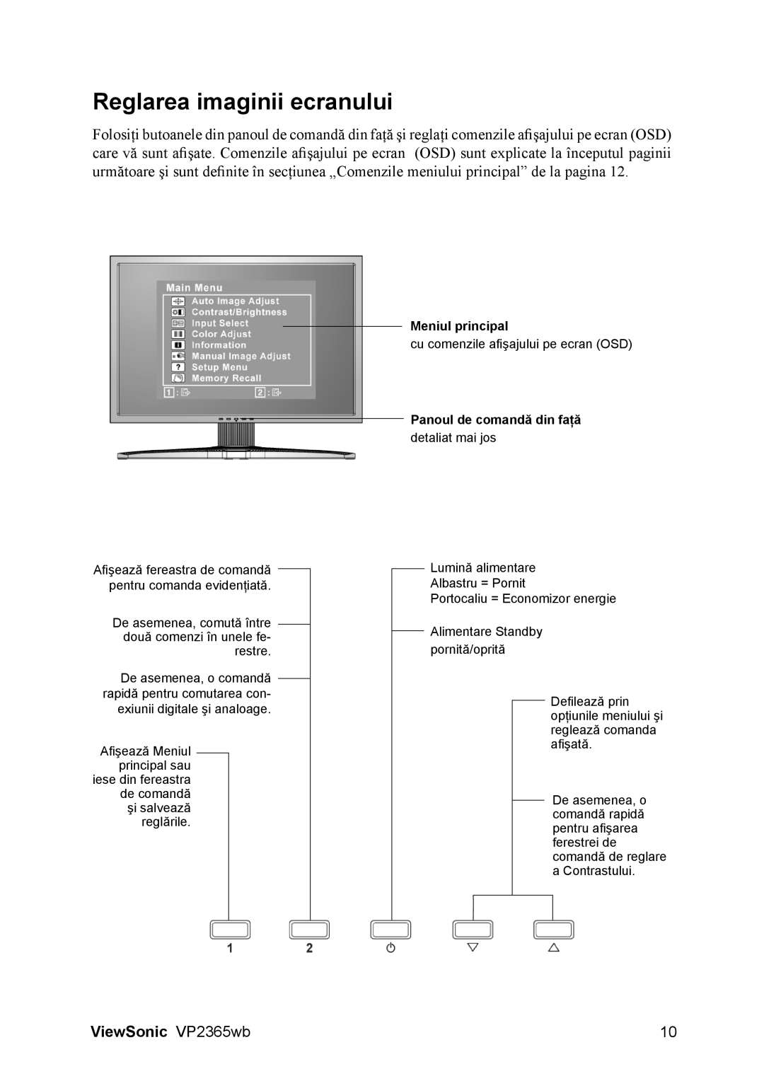 ViewSonic VS12637 manual Reglarea imaginii ecranului, Panoul de comandă din faţă 