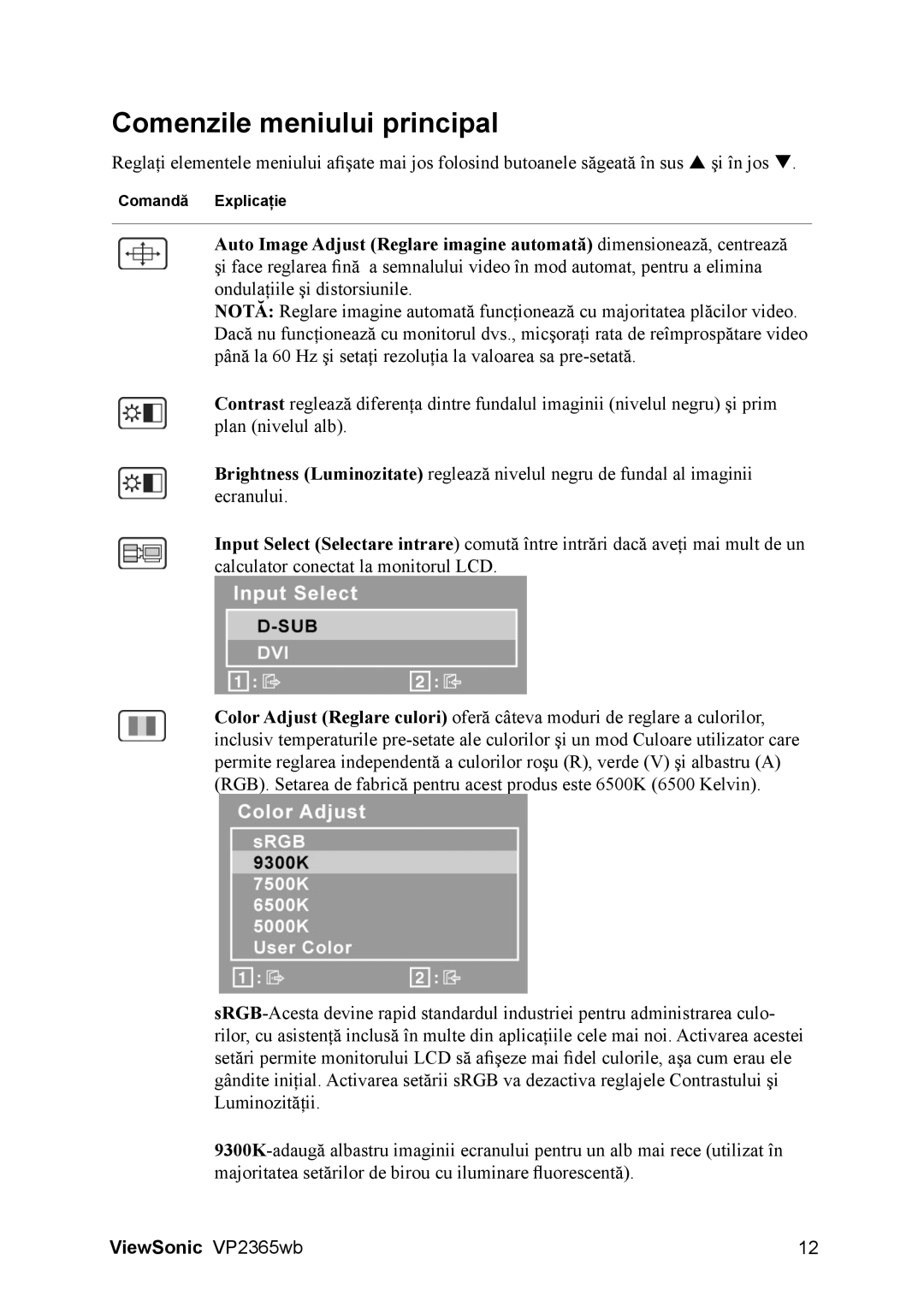 ViewSonic VS12637 manual Comenzile meniului principal 