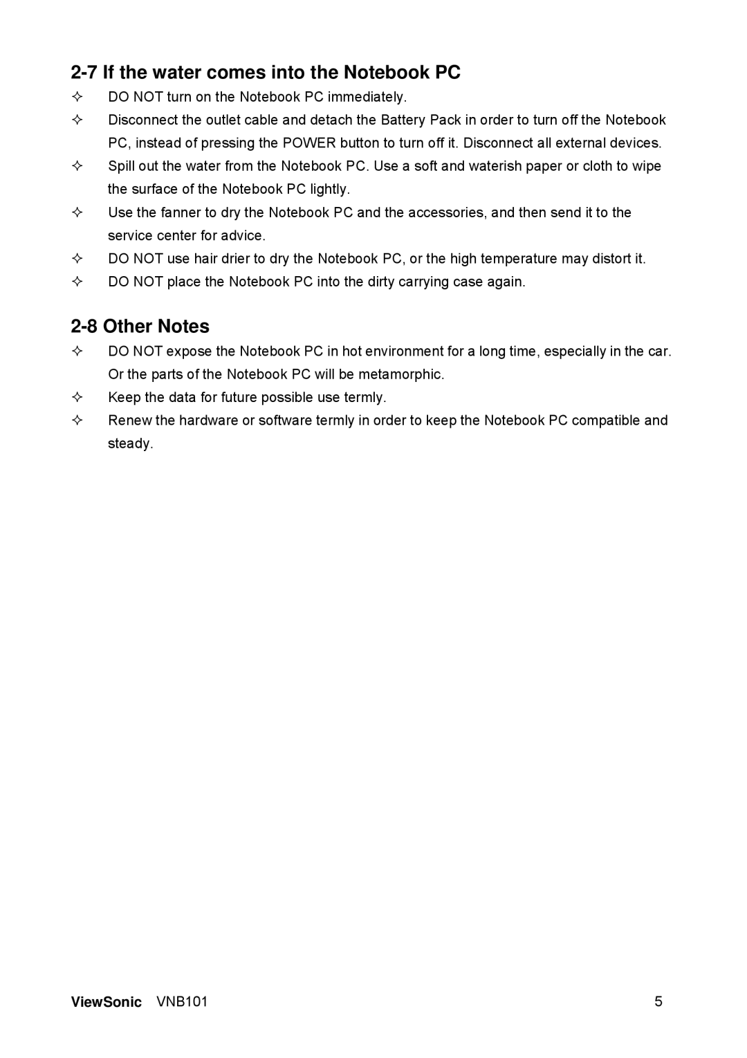 ViewSonic VS12638 manual If the water comes into the Notebook PC, Other Notes 