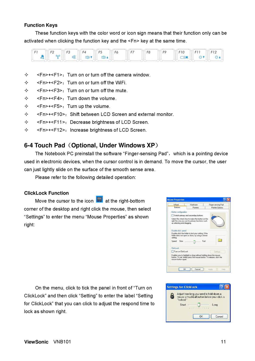 ViewSonic VS12638 manual Function Keys, ClickLock Function 