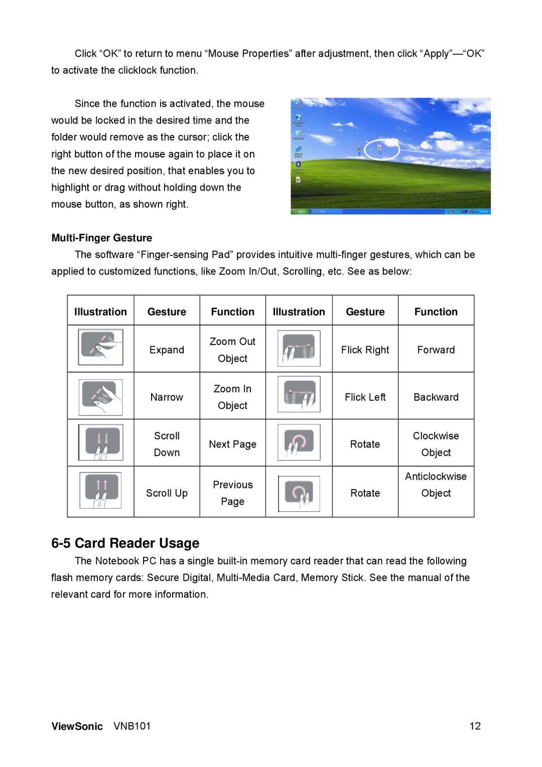 ViewSonic VS12638 manual Card Reader Usage, Multi-Finger Gesture, Illustration Gesture Function 