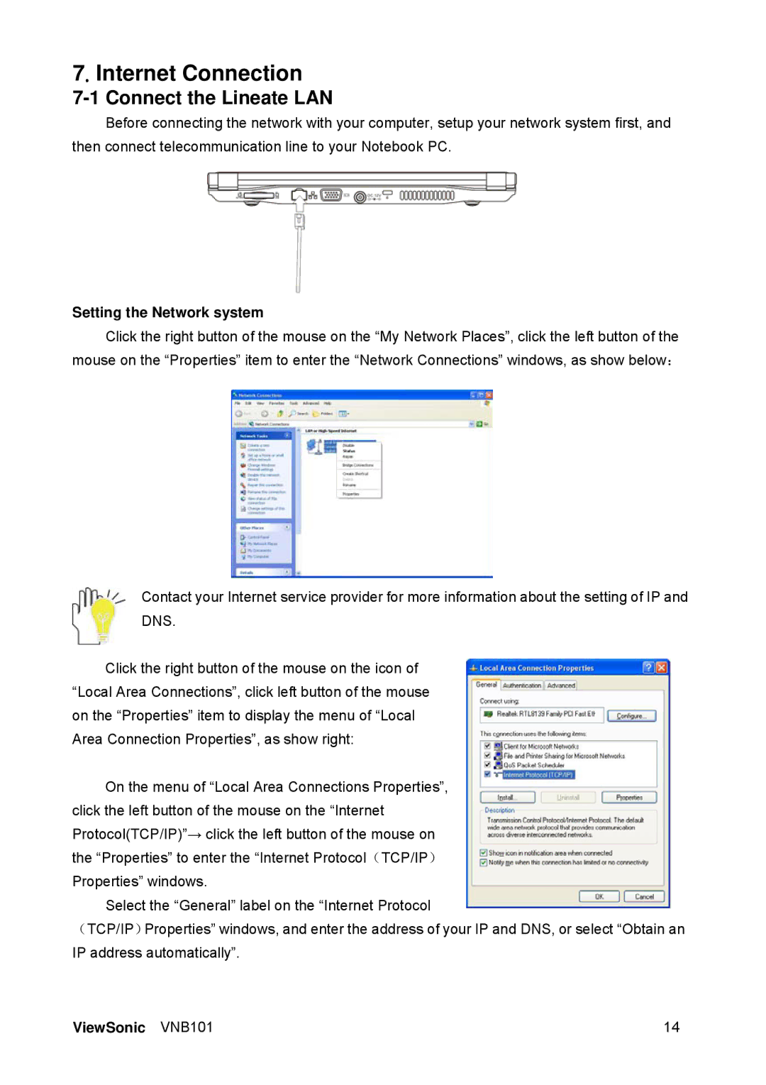 ViewSonic VS12638 manual Internet Connection, Connect the Lineate LAN, Setting the Network system 