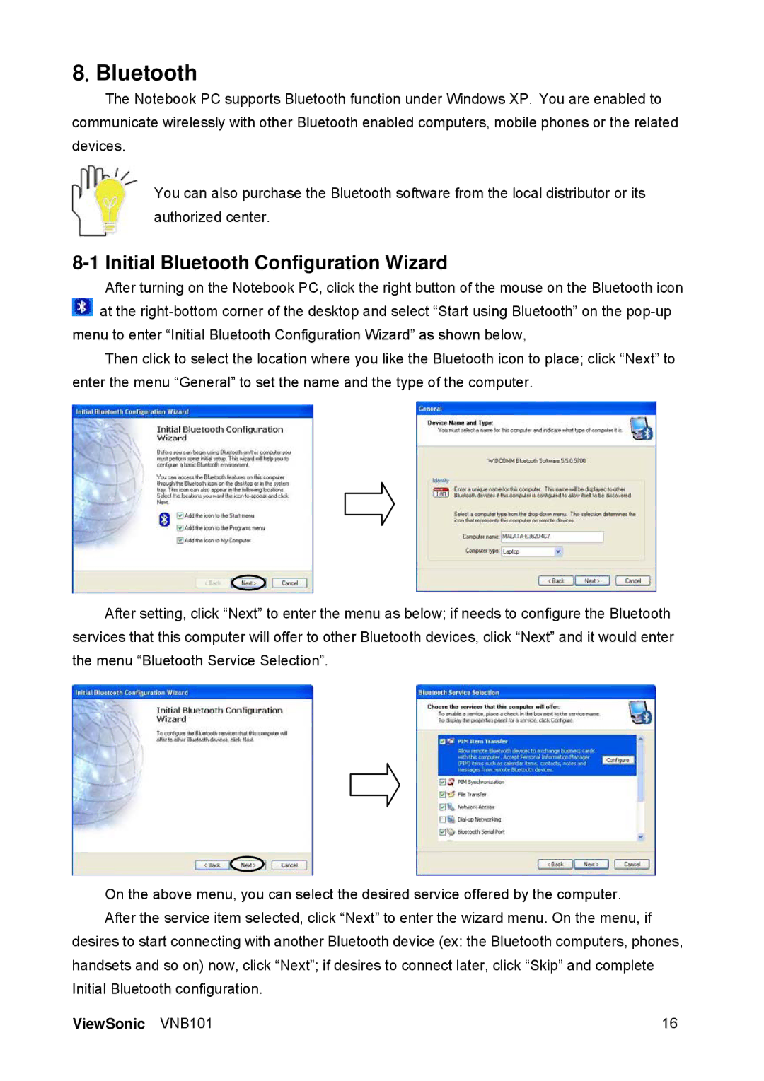 ViewSonic VS12638 manual Initial Bluetooth Configuration Wizard 