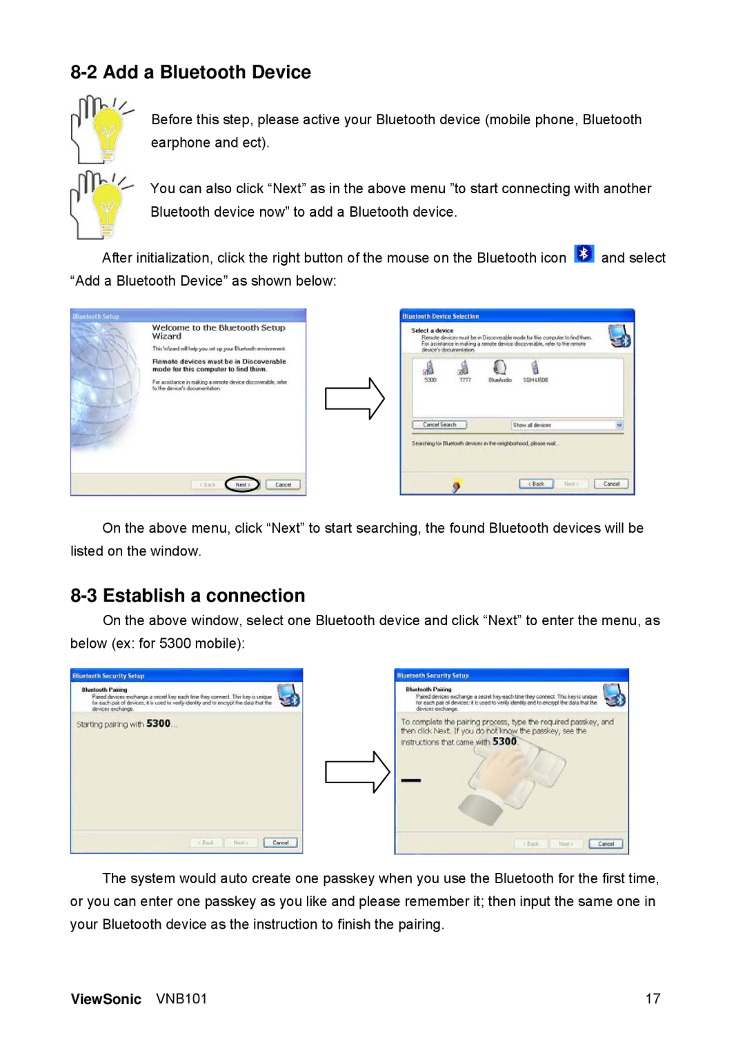 ViewSonic VS12638 manual Add a Bluetooth Device, Establish a connection 