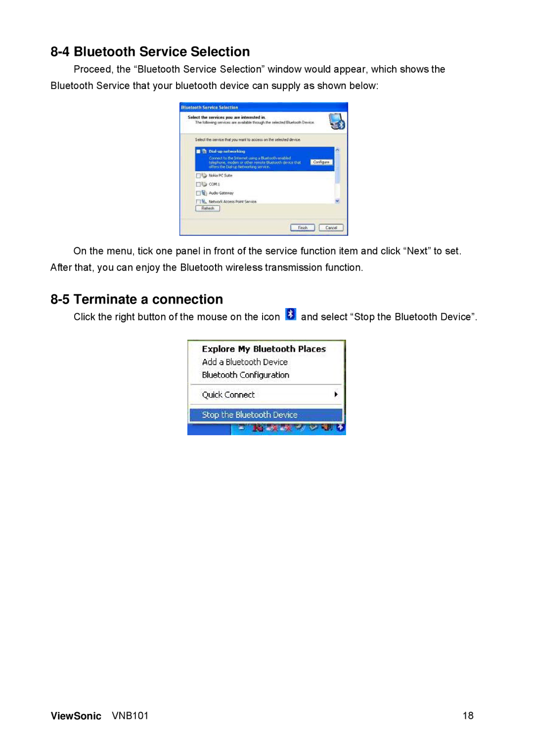 ViewSonic VS12638 manual Bluetooth Service Selection, Terminate a connection 