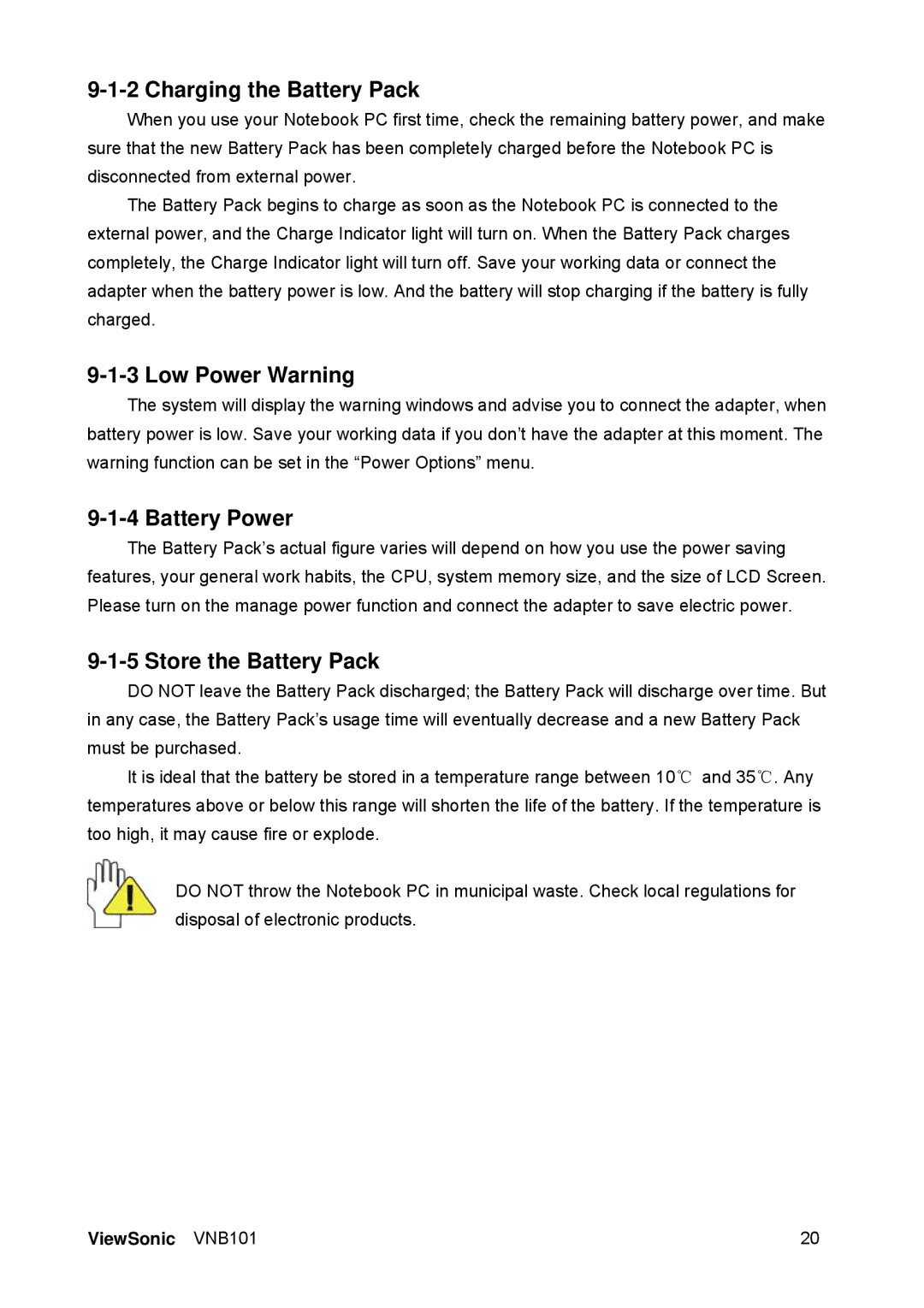 ViewSonic VS12638 manual Charging the Battery Pack 