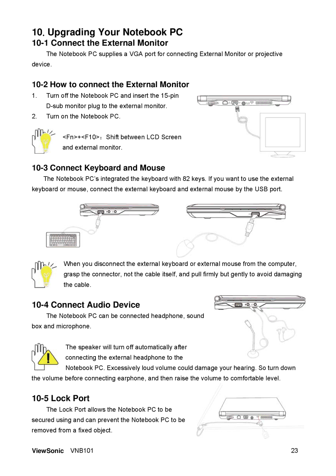 ViewSonic VS12638 manual Upgrading Your Notebook PC, Connect the External Monitor, Connect Audio Device, Lock Port 