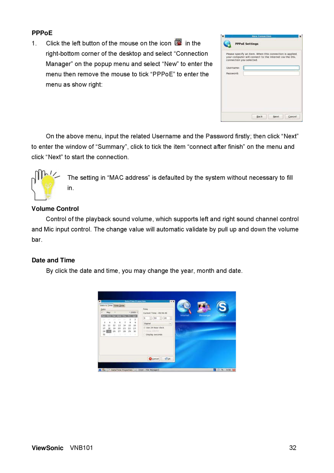 ViewSonic VS12638 manual PPPoE, Volume Control, Date and Time 