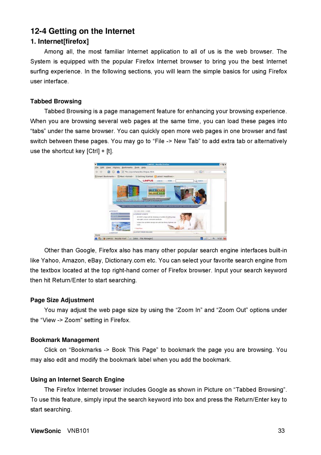 ViewSonic VS12638 manual Getting on the Internet, Tabbed Browsing, Size Adjustment, Bookmark Management 