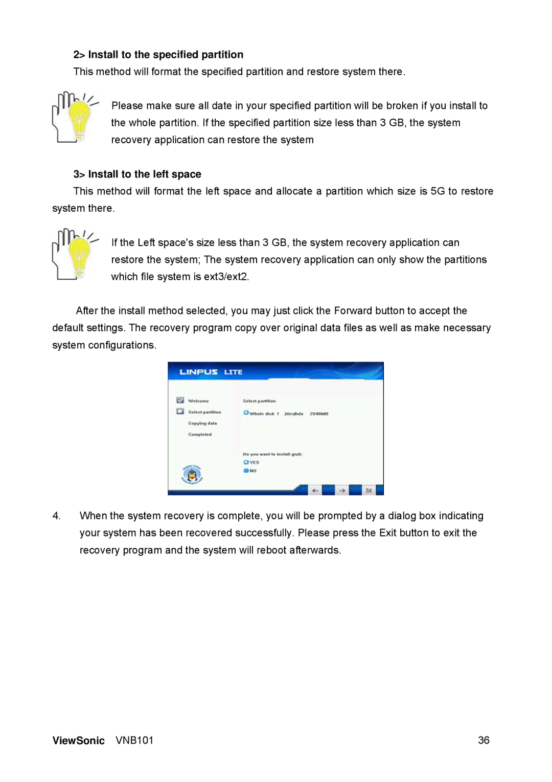 ViewSonic VS12638 manual Install to the specified partition, Install to the left space 