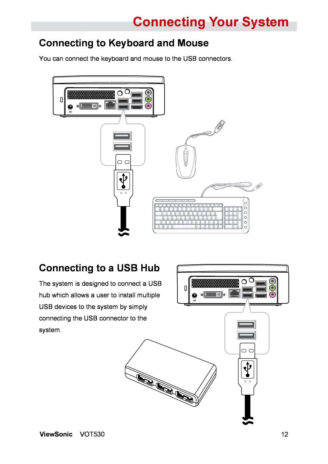 ViewSonic VS12661 Connecting to Keyboard and Mouse, Connecting to a USB Hub, Connecting Your System, ViewSonic VOT530 