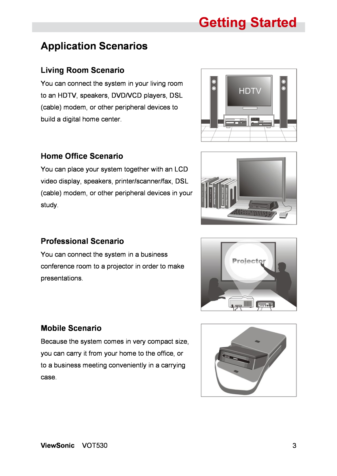 ViewSonic VS12661 manual Application Scenarios, Living Room Scenario, Home Office Scenario, Professional Scenario 