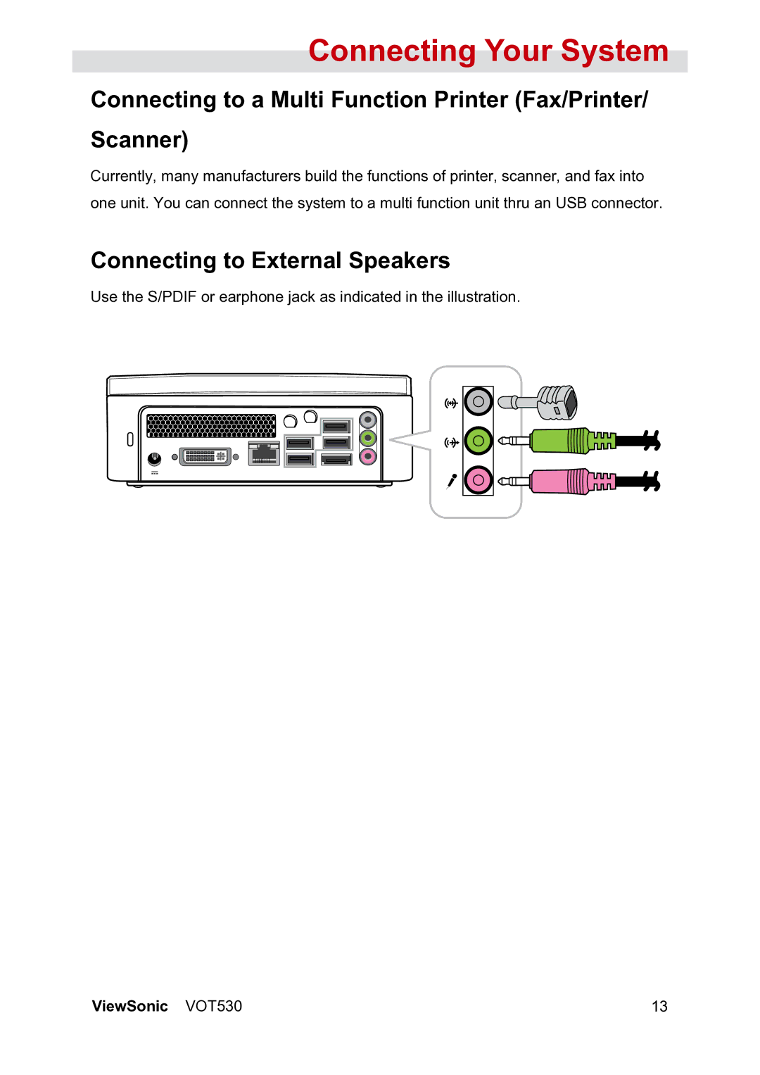 ViewSonic VS12661 manual Connecting to a Multi Function Printer Fax/Printer/ Scanner, Connecting to External Speakers 