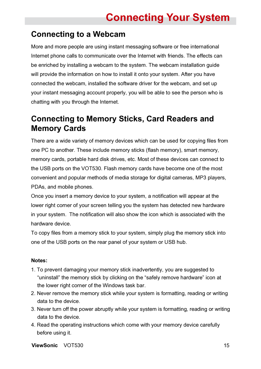 ViewSonic VS12661 manual Connecting to a Webcam, Connecting to Memory Sticks, Card Readers and Memory Cards 