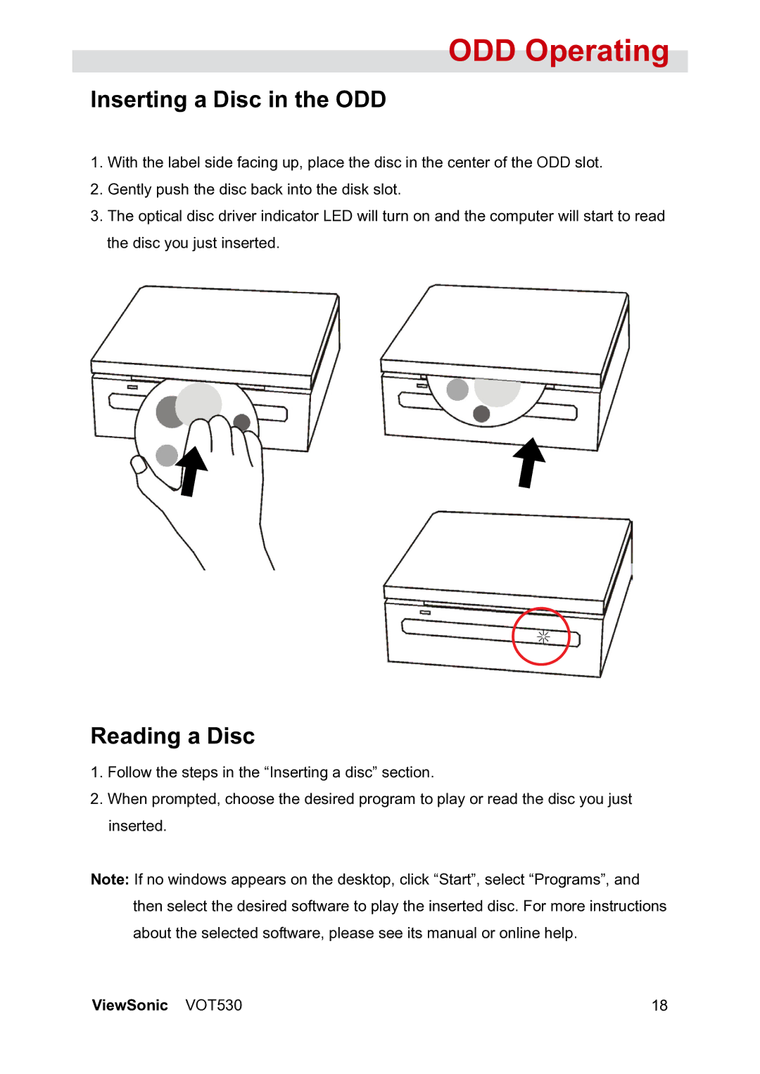 ViewSonic VS12661 manual ODD Operating, Inserting a Disc in the ODD, Reading a Disc 