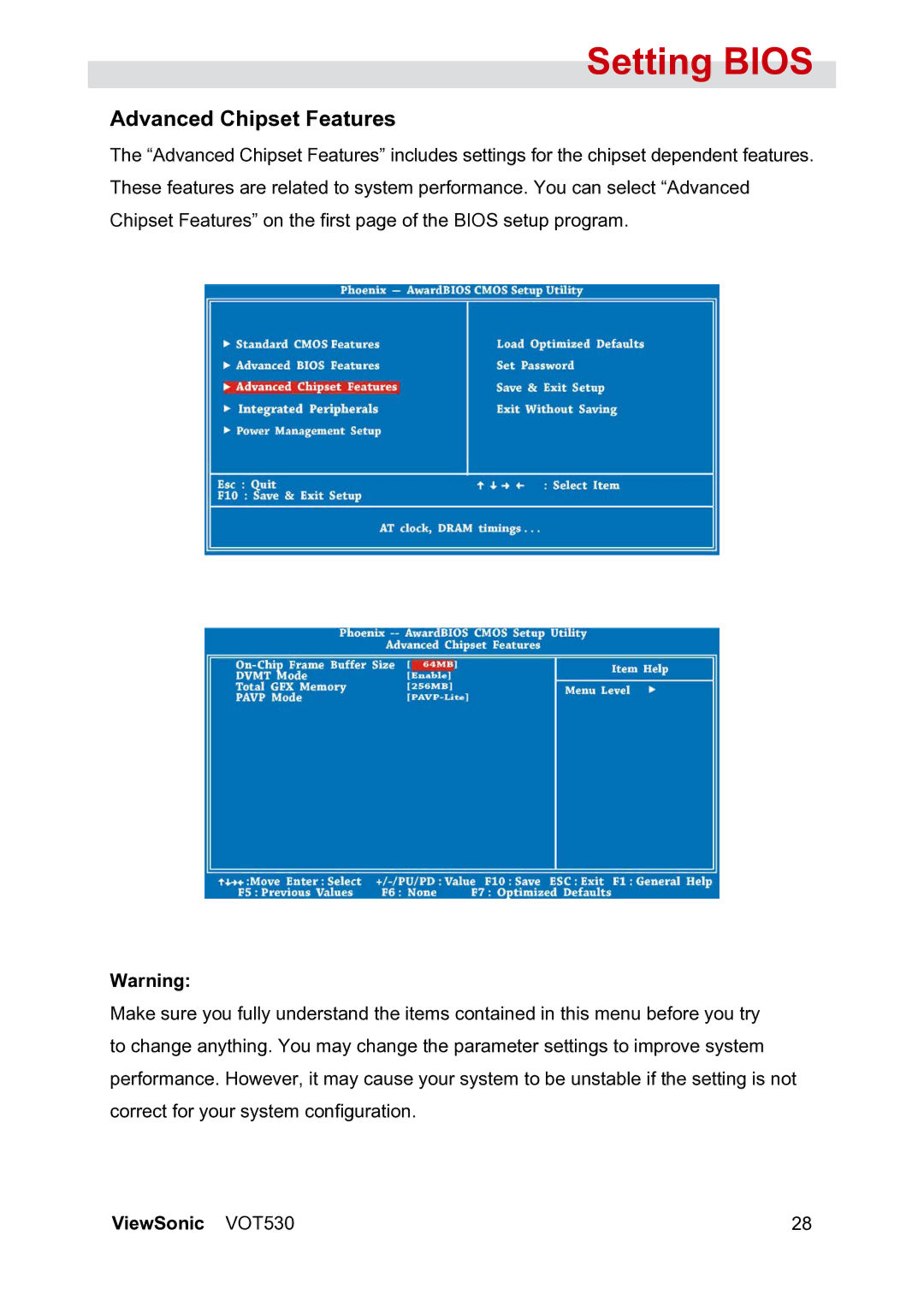 ViewSonic VS12661 manual Advanced Chipset Features 