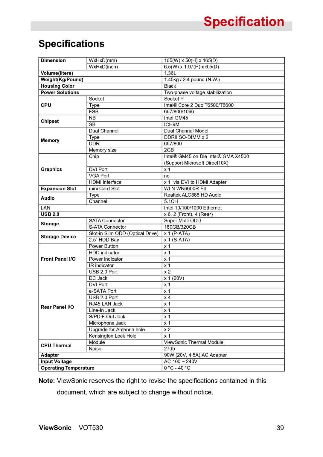 ViewSonic VS12661 manual Specifications 