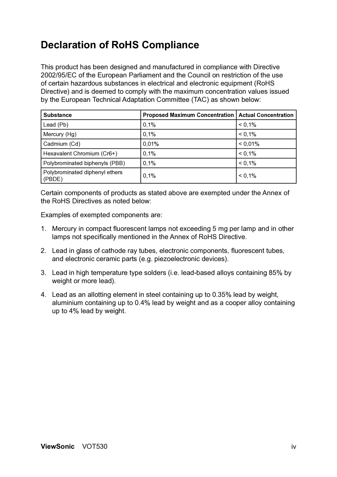 ViewSonic VS12661 manual Declaration of RoHS Compliance, Actual Concentration 