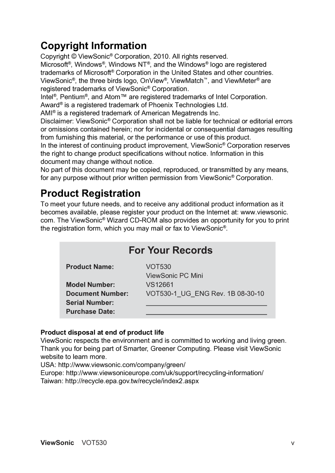 ViewSonic VS12661 manual Copyright Information, Product Registration For Your Records 