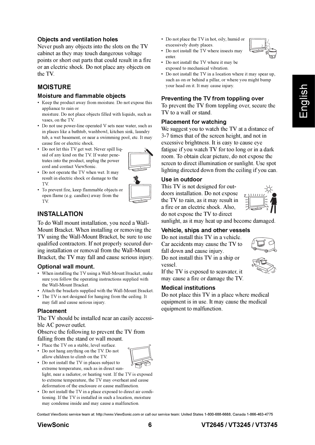 ViewSonic VS12664-1M, VS12676-1M, VS12675-1M warranty Moisture, Installation 