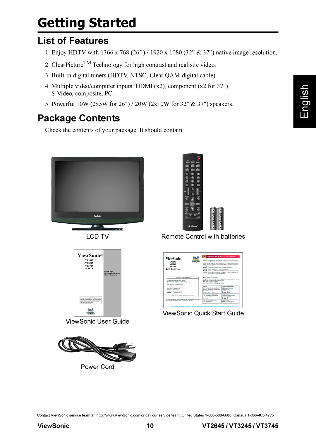 ViewSonic VS12676-1M, VS12664-1M, VS12675-1M warranty List of Features, Package Contents 