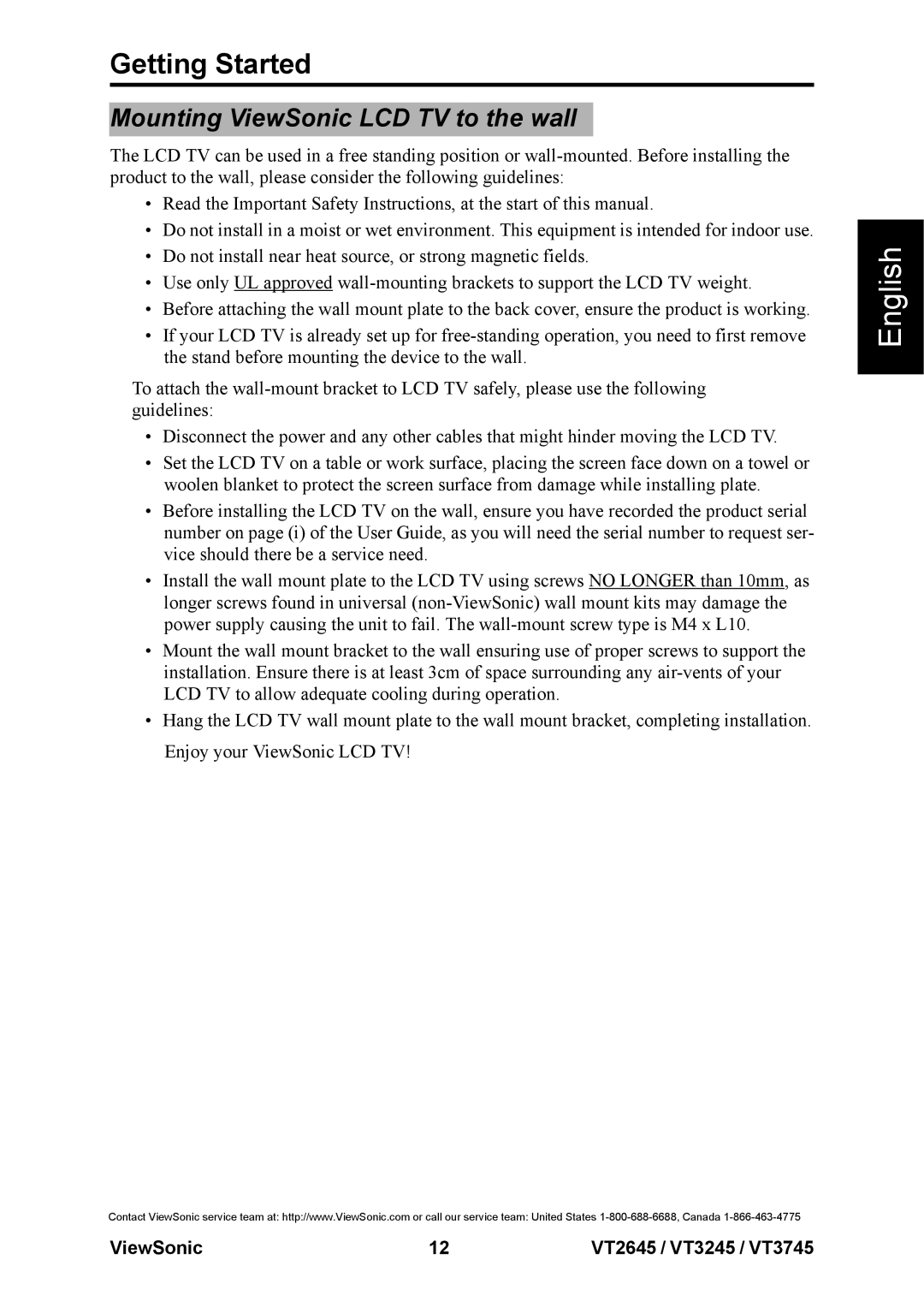 ViewSonic VS12664-1M, VS12676-1M, VS12675-1M warranty Getting Started, Mounting ViewSonic LCD TV to the wall 