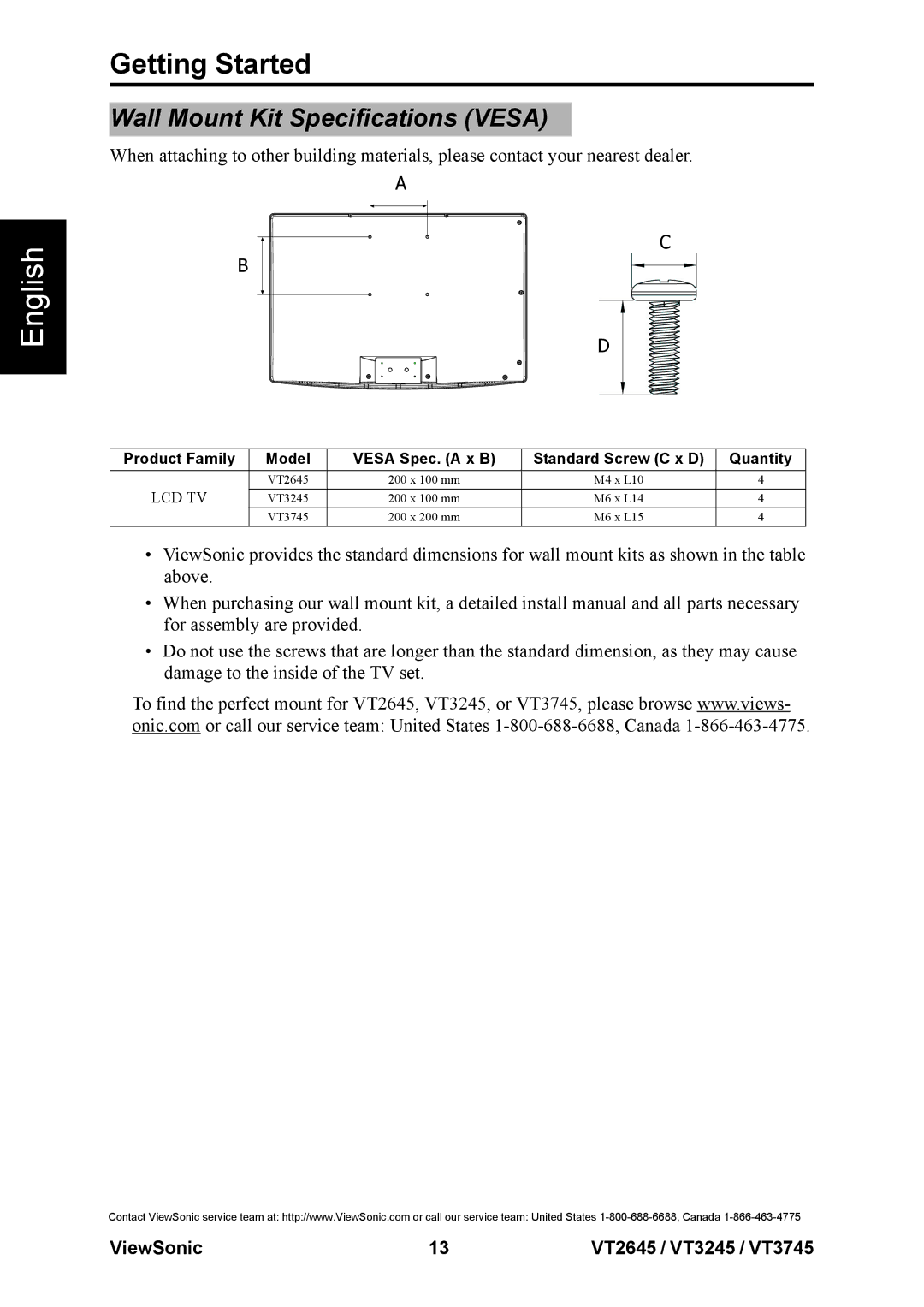 ViewSonic VS12676-1M, VS12664-1M, VS12675-1M warranty Wall Mount Kit Specifications Vesa 