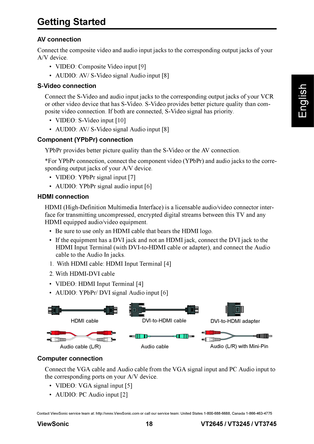 ViewSonic VS12664-1M AV connection, Video connection, Component YPbPr connection, Hdmi connection, Computer connection 