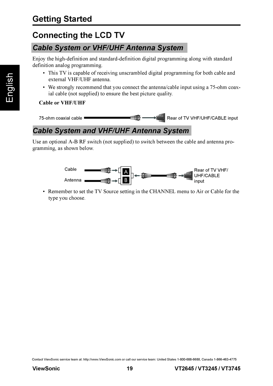 ViewSonic VS12676-1M Getting Started Connecting the LCD TV, Cable System or VHF/UHF Antenna System, Cable or VHF/UHF 