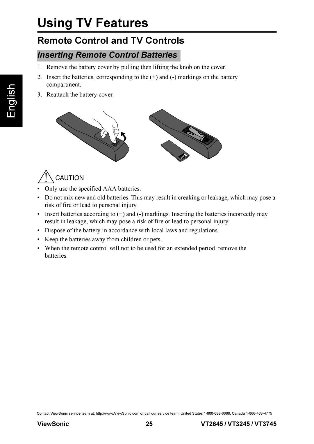 ViewSonic VS12676-1M, VS12664-1M, VS12675-1M warranty Remote Control and TV Controls, Inserting Remote Control Batteries 