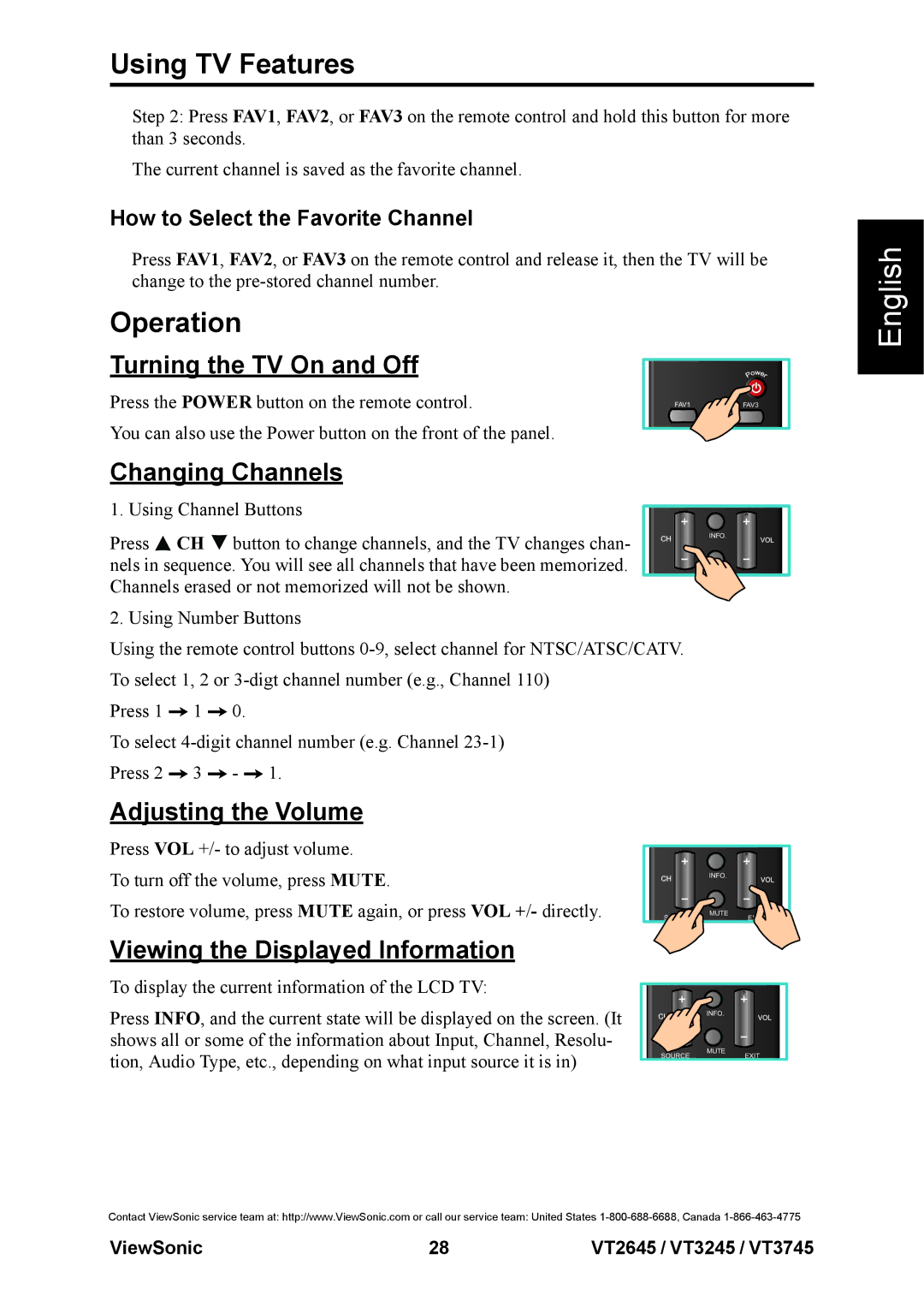 ViewSonic VS12676-1M, VS12664-1M, VS12675-1M Operation, Turning the TV On and Off, Changing Channels, Adjusting the Volume 