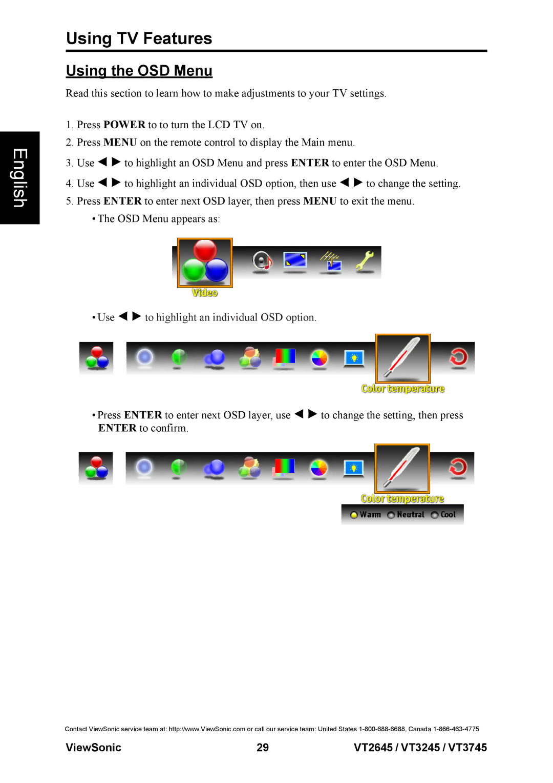 ViewSonic VS12675-1M, VS12664-1M, VS12676-1M warranty Using the OSD Menu, Use to highlight an individual OSD option 