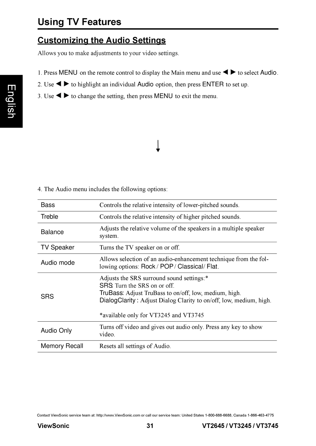 ViewSonic VS12676-1M, VS12664-1M, VS12675-1M warranty Customizing the Audio Settings 