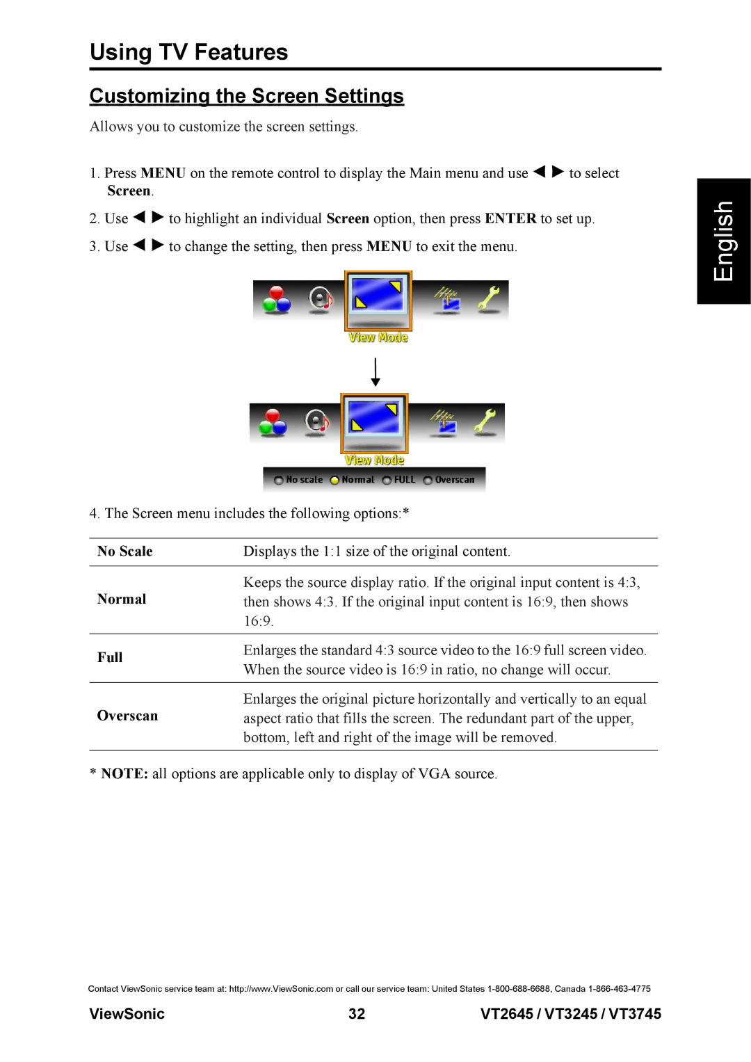 ViewSonic VS12675-1M, VS12664-1M, VS12676-1M Customizing the Screen Settings, Allows you to customize the screen settings 