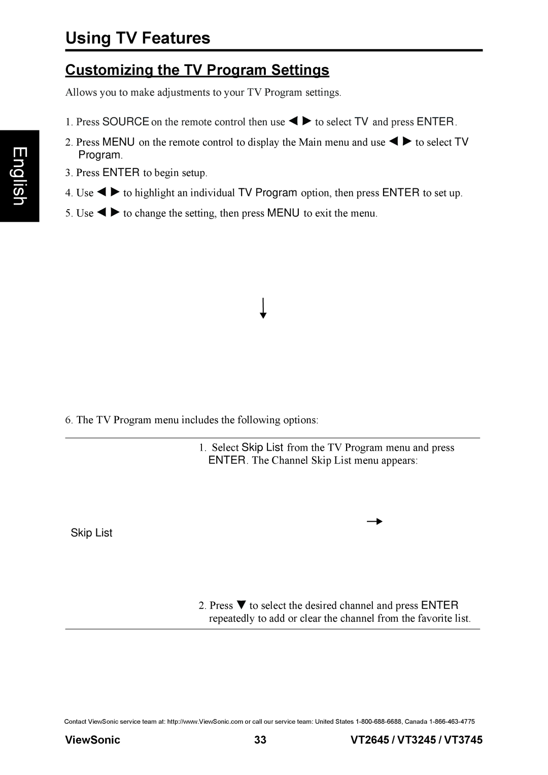 ViewSonic VS12664-1M, VS12676-1M, VS12675-1M warranty Customizing the TV Program Settings, Skip List 