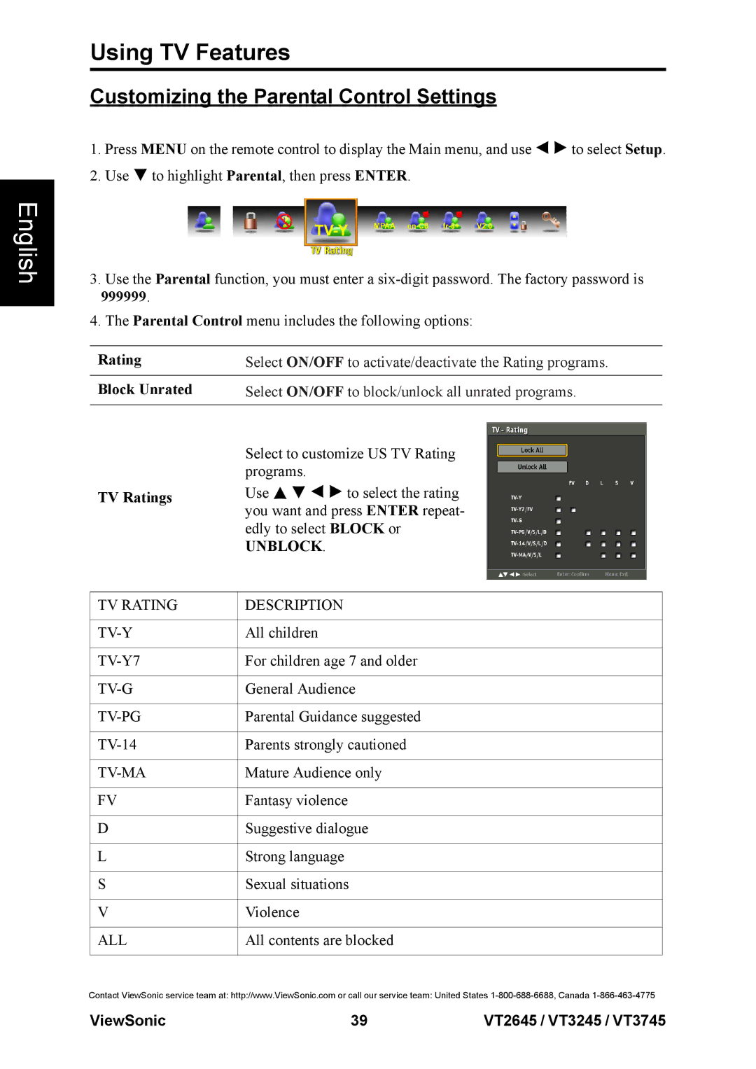 ViewSonic VS12664-1M, VS12676-1M, VS12675-1M Customizing the Parental Control Settings, Block Unrated, TV Ratings 