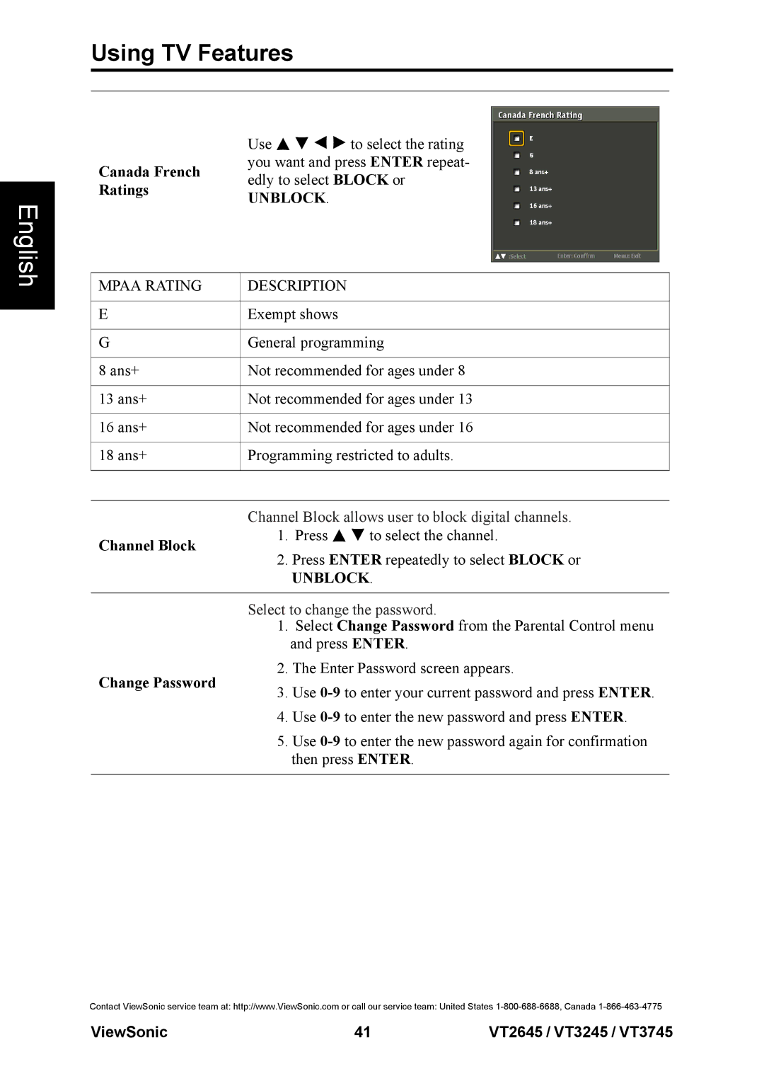 ViewSonic VS12675-1M, VS12664-1M, VS12676-1M warranty Canada French, Channel Block, Change Password 