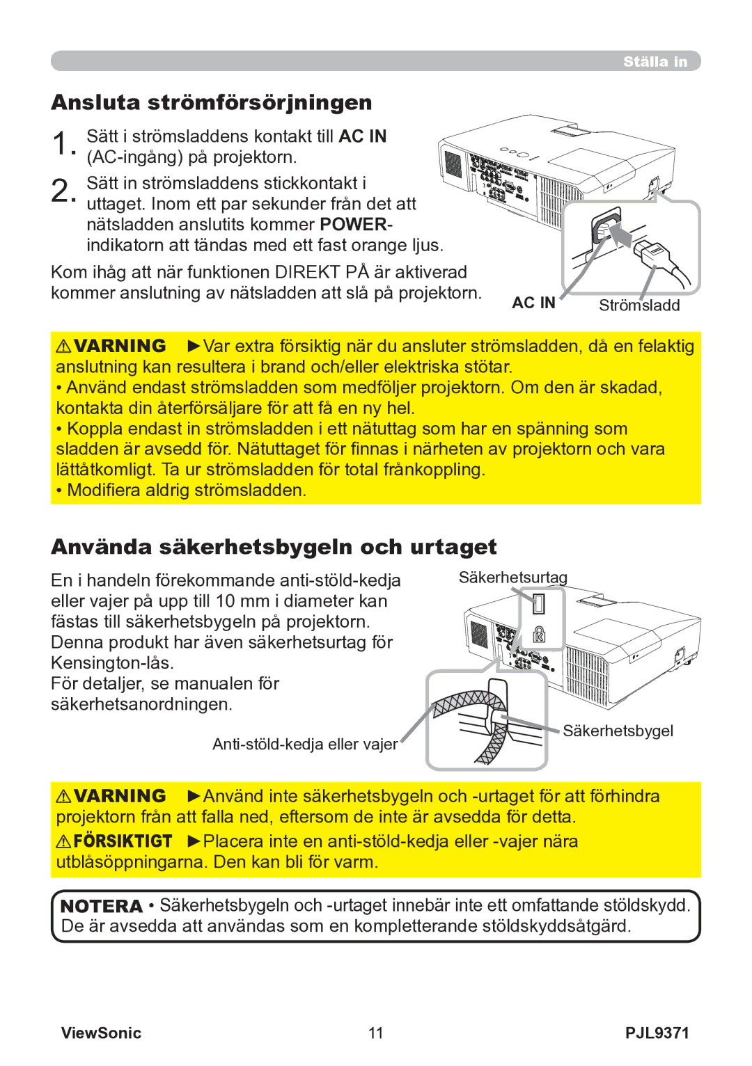 ViewSonic VS12680 manual Ansluta strömförsörjningen, Använda säkerhetsbygeln och urtaget 