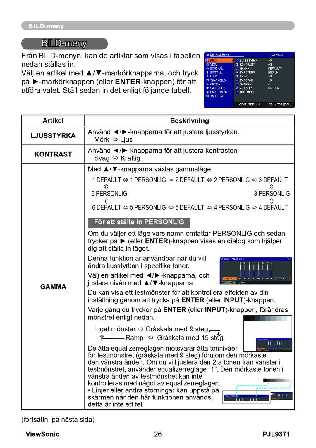 ViewSonic VS12680 manual BILD-meny, Ljusstyrka, Kontrast, Gamma 