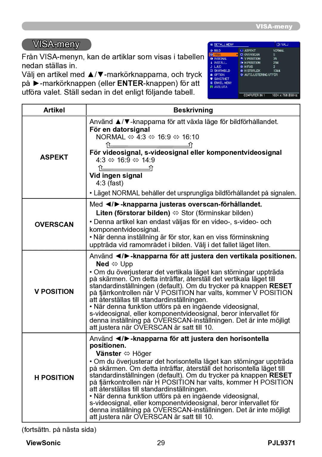 ViewSonic VS12680 manual VISA-meny, Overscan, Position 