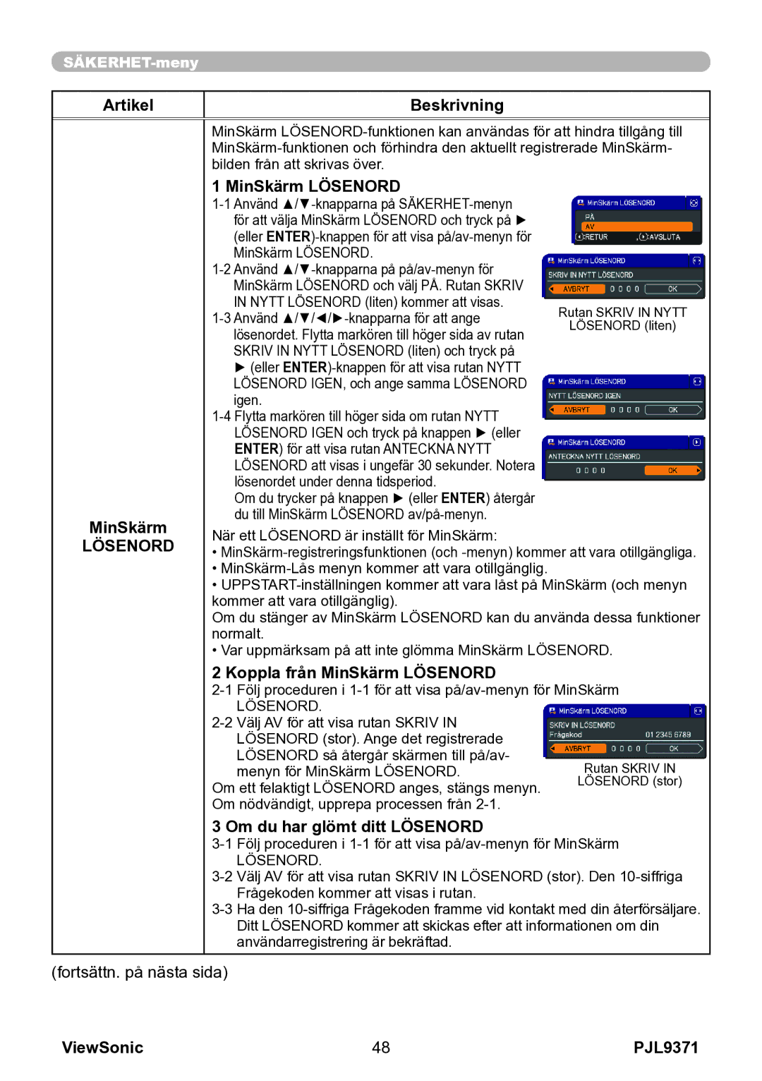 ViewSonic VS12680 manual MinSkärm MinSkärm Lösenord, Koppla från MinSkärm Lösenord 