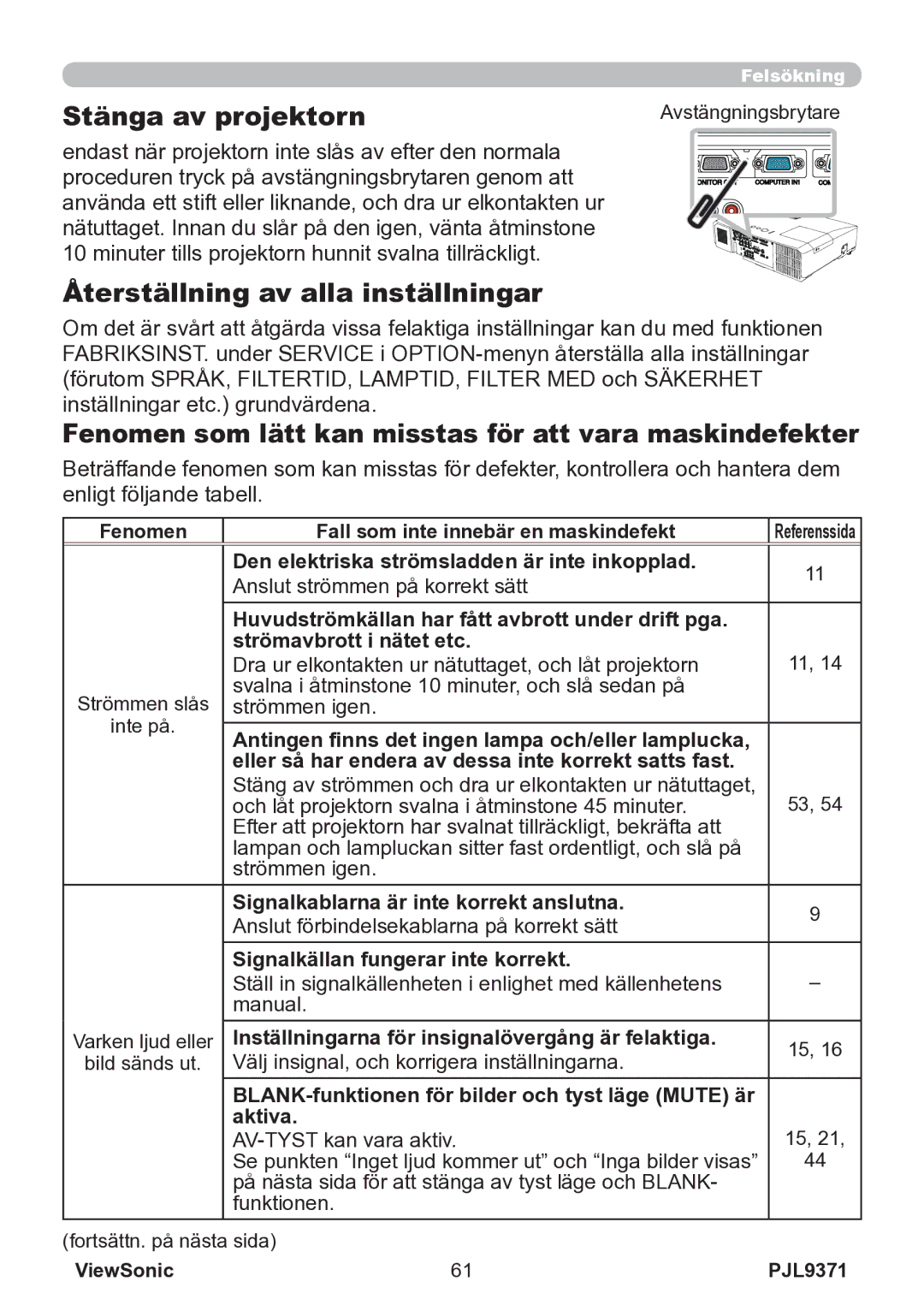 ViewSonic VS12680 manual Återställning av alla inställningar, Fenomen som lätt kan misstas för att vara maskindefekter 