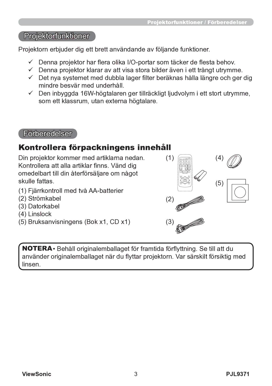 ViewSonic VS12680 manual Projektorfunktioner, Förberedelser, Kontrollera förpackningens innehåll 