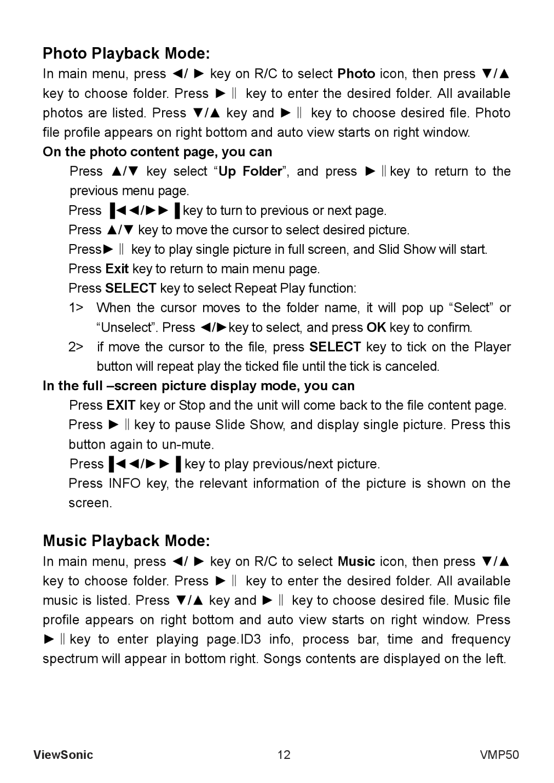 ViewSonic VS12765 manual Photo Playback Mode, Music Playback Mode, On the photo content page, you can 