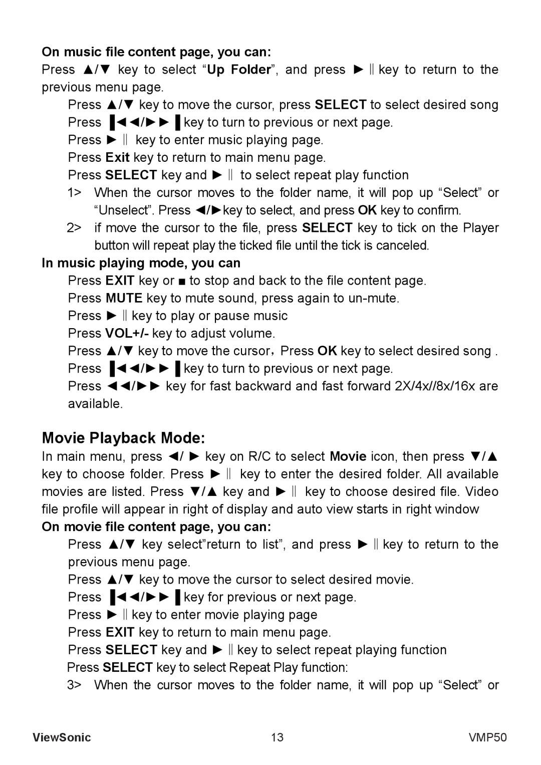 ViewSonic VS12765 manual Movie Playback Mode, On music file content page, you can, Music playing mode, you can 