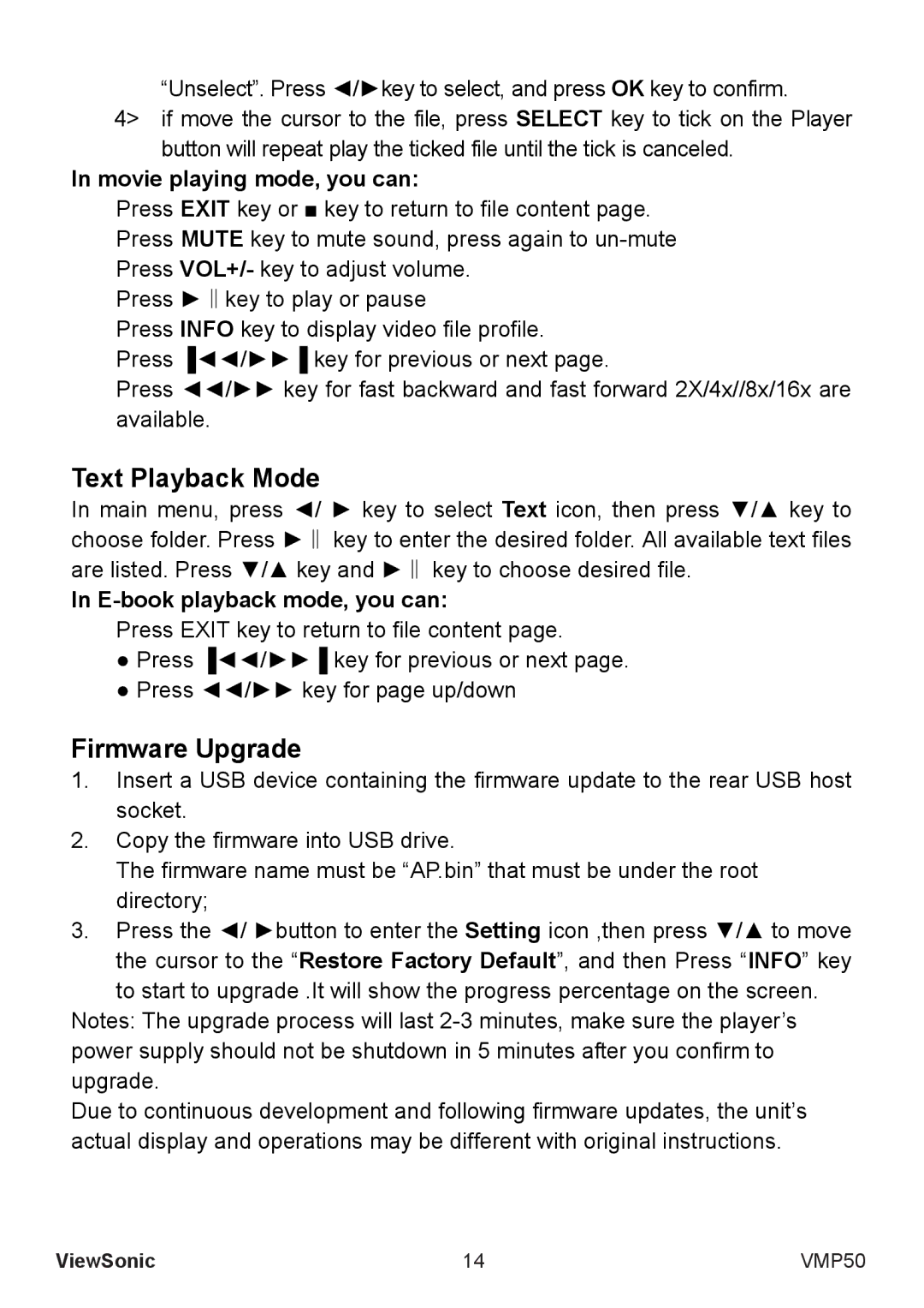 ViewSonic VS12765 manual Text Playback Mode, Firmware Upgrade, Movie playing mode, you can, E-book playback mode, you can 