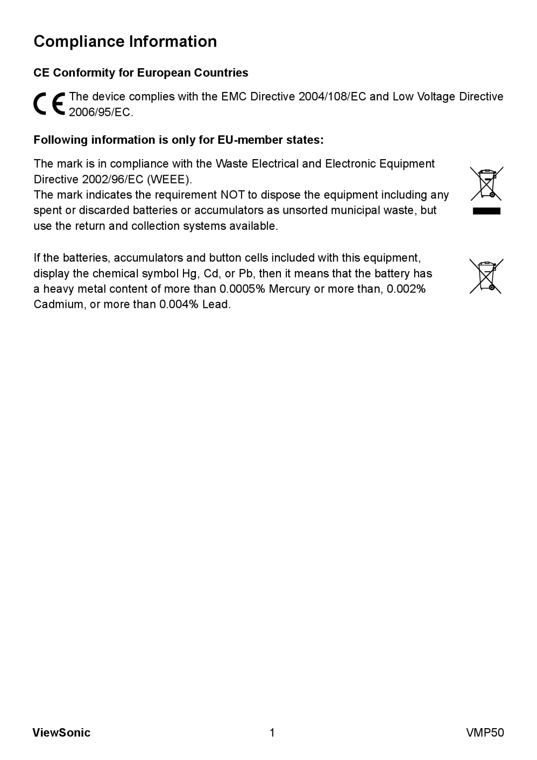 ViewSonic VS12765 manual Compliance Information, Following information is only for EU-member states 