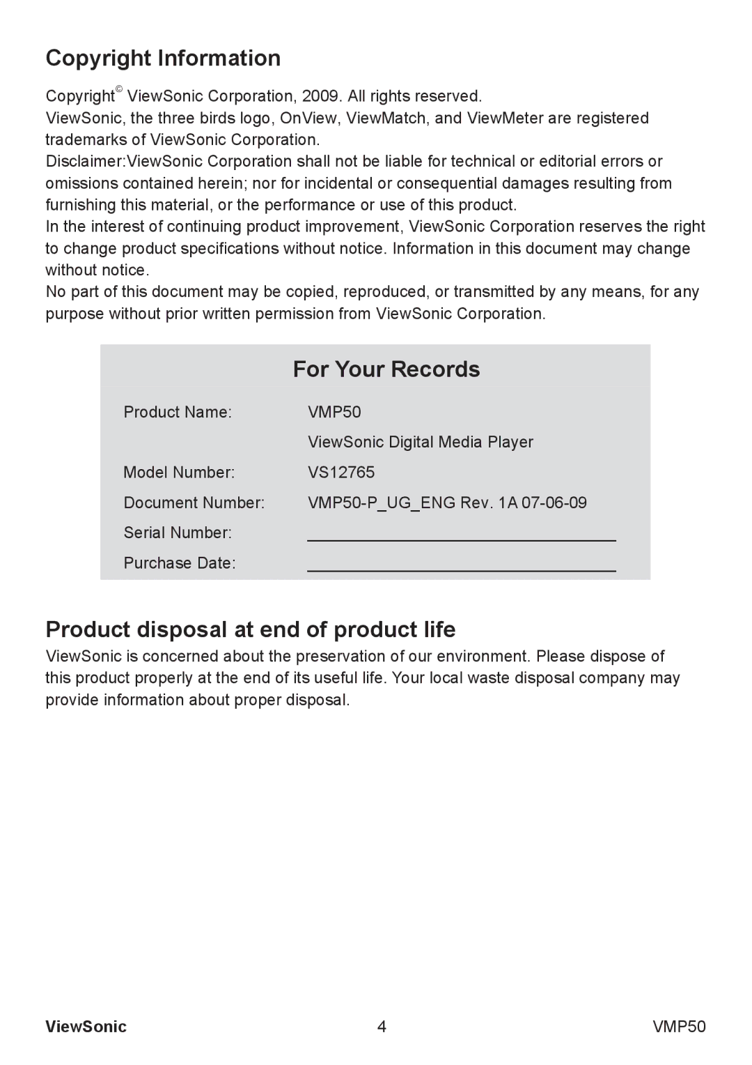 ViewSonic VS12765 manual Copyright Information, For Your Records, Product disposal at end of product life 