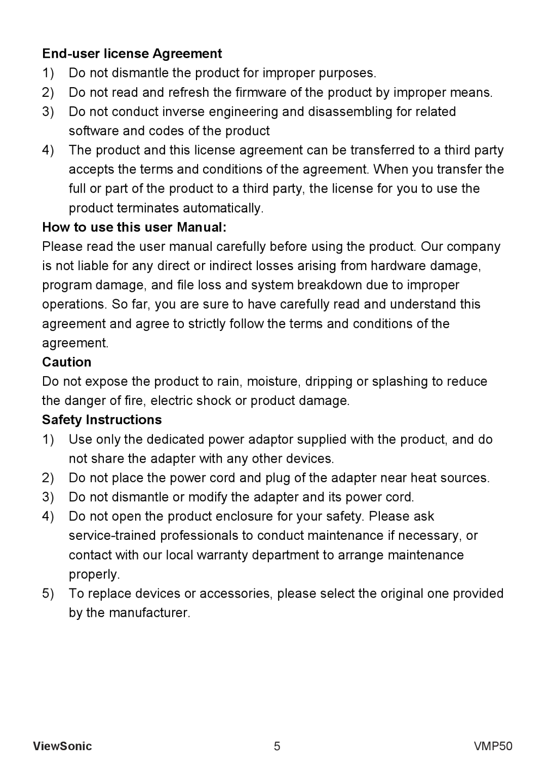 ViewSonic VS12765 manual End-user license Agreement, Safety Instructions 