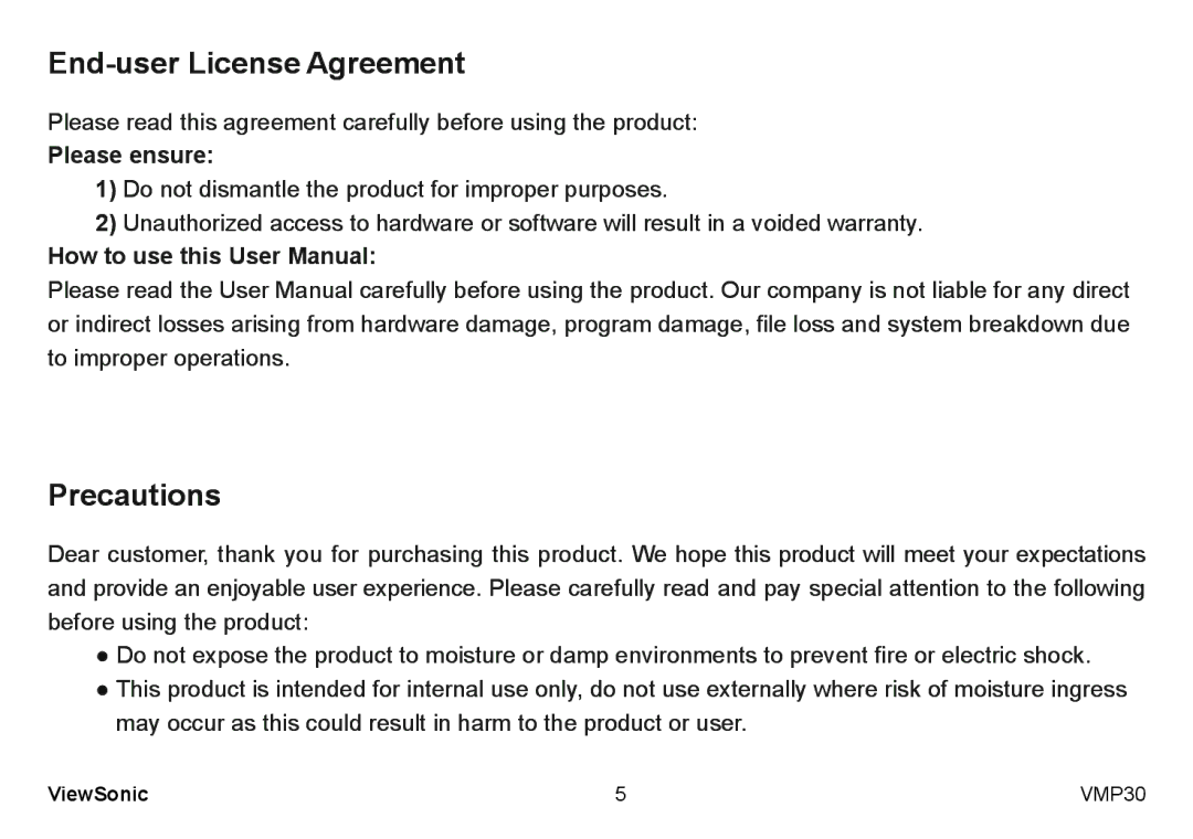 ViewSonic VS12770 manual End-user License Agreement, Precautions, Please ensure 